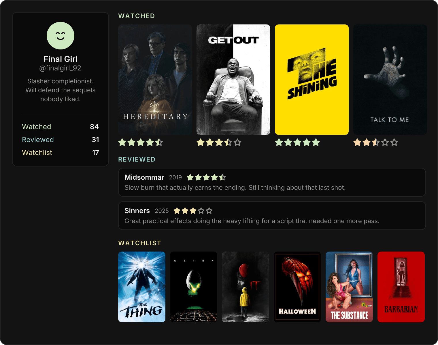 A Spookee profile: a member's watched films with their star ratings, two written reviews, and the films on their watchlist.